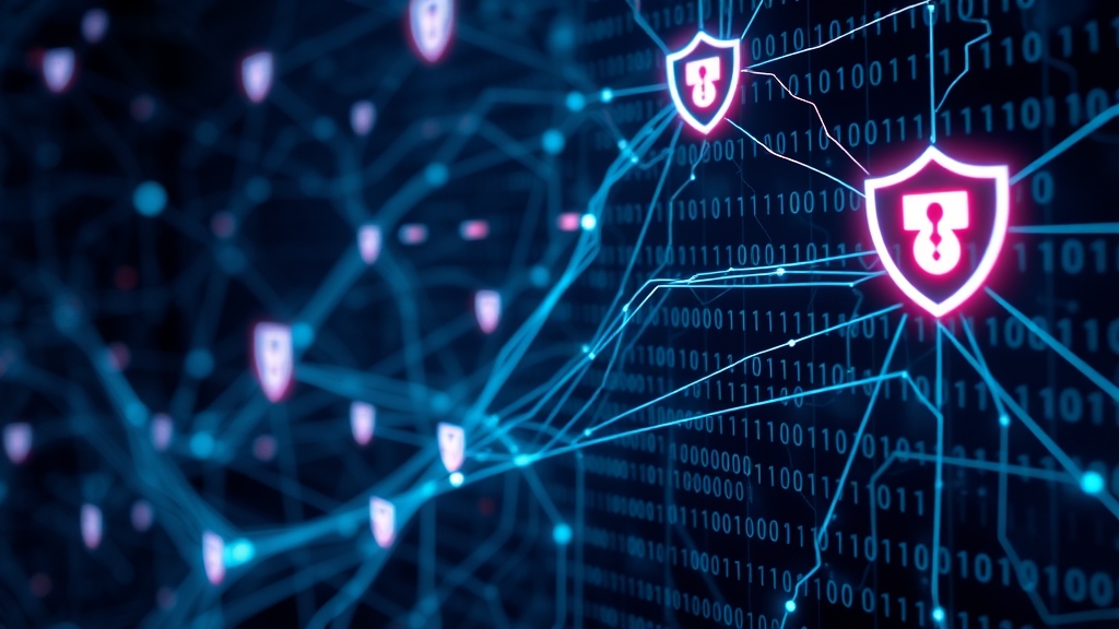 Rete digitale con codice binario e icone di sicurezza
