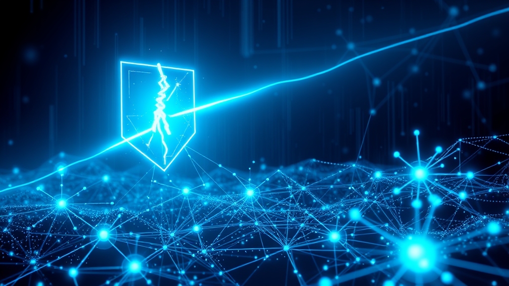 Rappresentazione concettuale di un flusso di dati digitale che attraversa una barriera protettiva interrotta, stile tech futuristico.