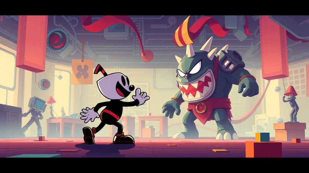 Un personaggio di Cuphead in azione, con colori vivaci e stile retrò
