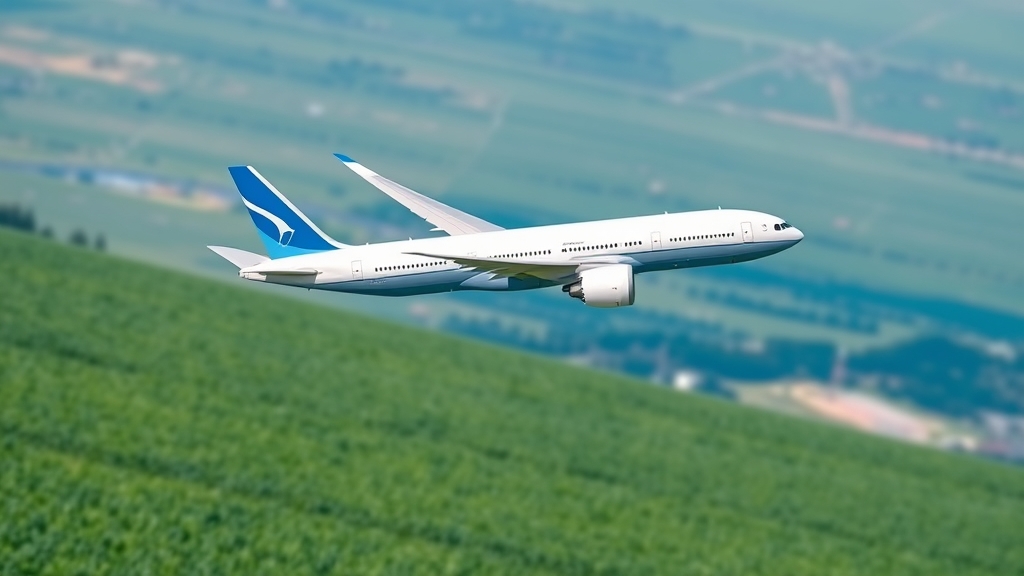 Modello radiocomandato di Boeing 777-9X in volo sopra un campo aperto