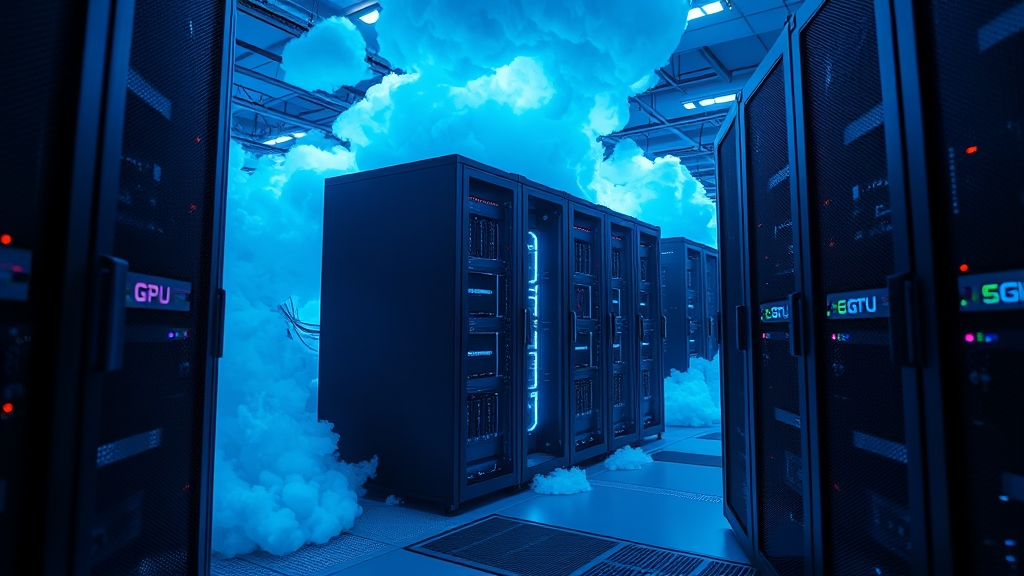Server GPU in un data center cloud con illuminazione blu fredda