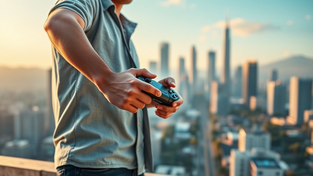 Giocatore con controller GTA 6 davanti a skyline di Los Santos