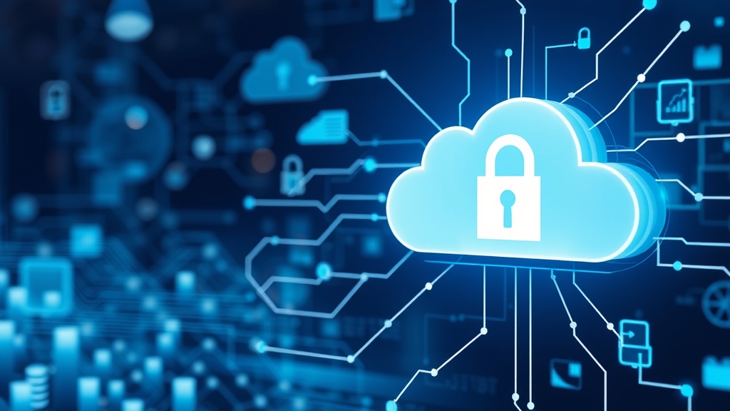 Scena tecnologica moderna con elementi di cloud e sicurezza, colori blu e grigi, atmosfera professionale, stile magazine