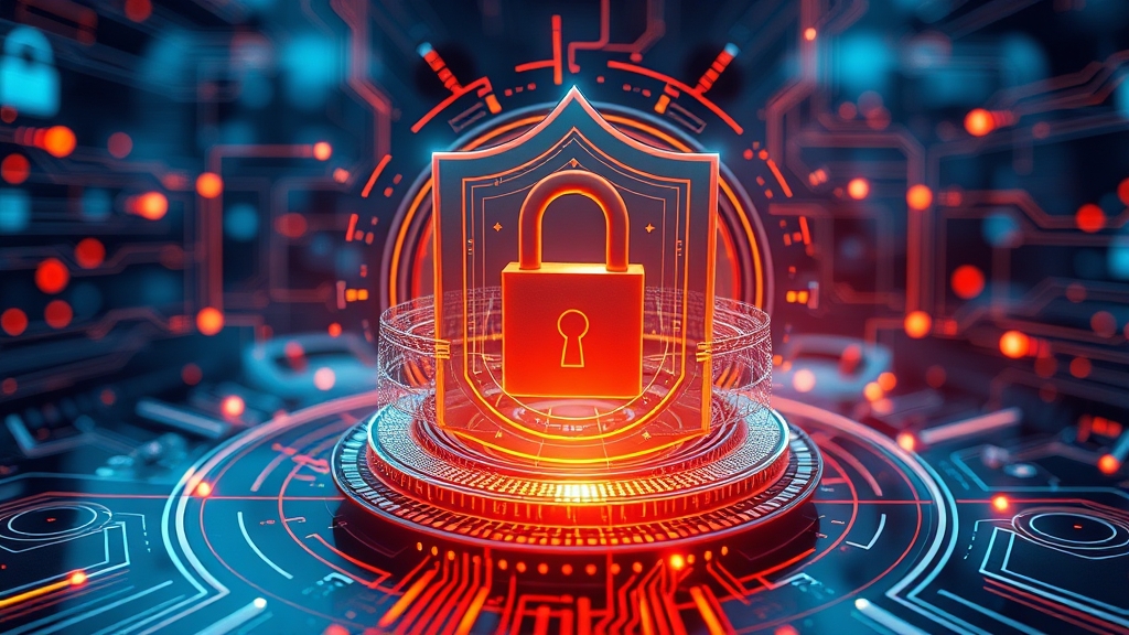 Astrazione futuristica di sicurezza AI con strati di protezione, 16:9, stile magazine tech, nessun testo, nessun logo, nessun volto reale
