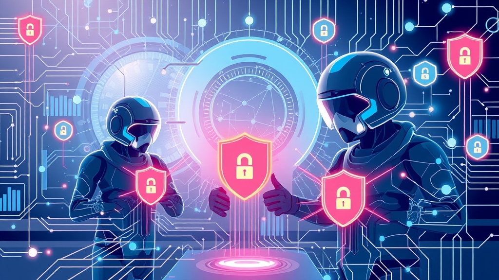 Illustrazione tecnologica di agent AI con protezione di sicurezza, stile magazine tech