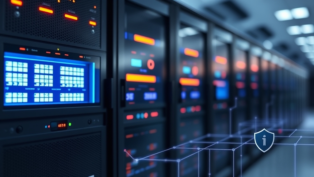 Server cloud futuristico con luci blu e arancioni, simbolo di intelligenza artificiale e sicurezza dei dati