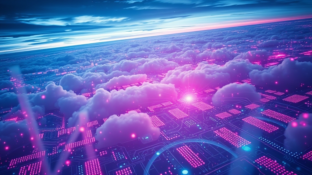 Illustrazione di nuvole di dati che si dissolvono in circuiti luminosi, stile magazine tech, senza testo