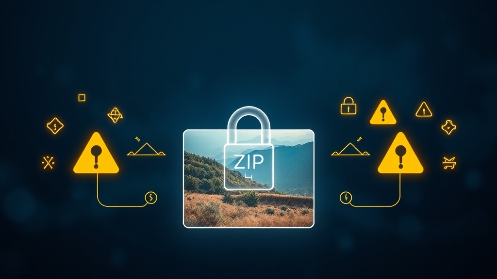 Illustrazione di una cartella ZIP con una foto di un paesaggio, circondata da icone di avviso di sicurezza