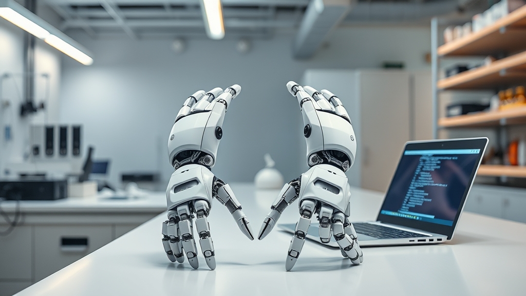 Gambe robotiche umanoidi in un laboratorio tech con componenti elettronici e laptop sullo sfondo