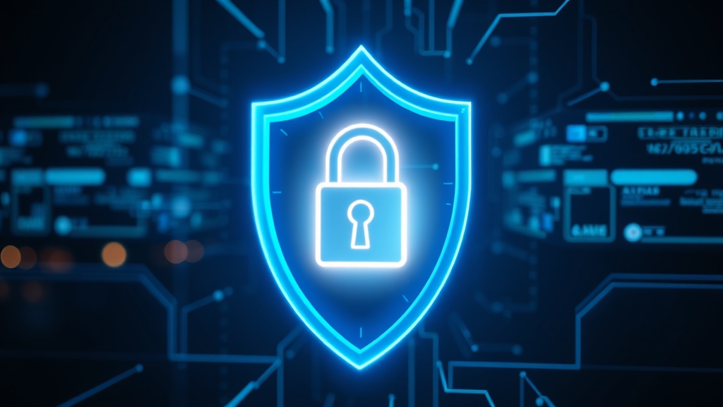 Rappresentazione concettuale di una chiave digitale protetta da uno scudo in un ambiente tecnologico scuro.