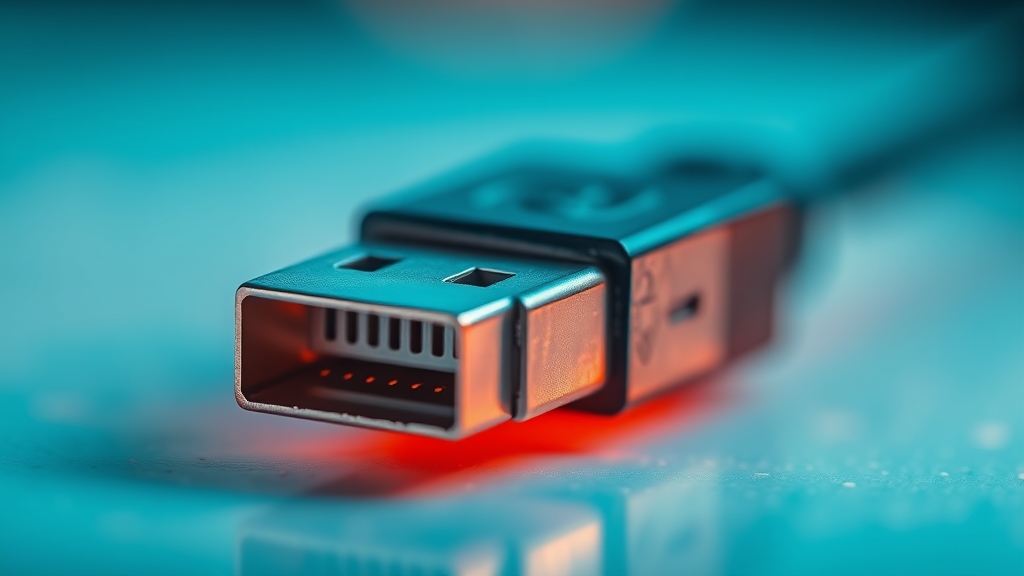 Primo piano macro di un cavo USB Type-B con connettore squadrato su sfondo tecnologico sfocato.