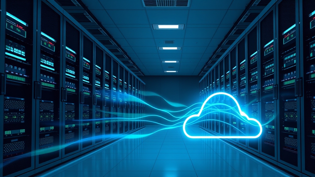 Rappresentazione astratta di un data center con luci blu e verdi che simboleggiano flussi di dati sicuri verso il cloud