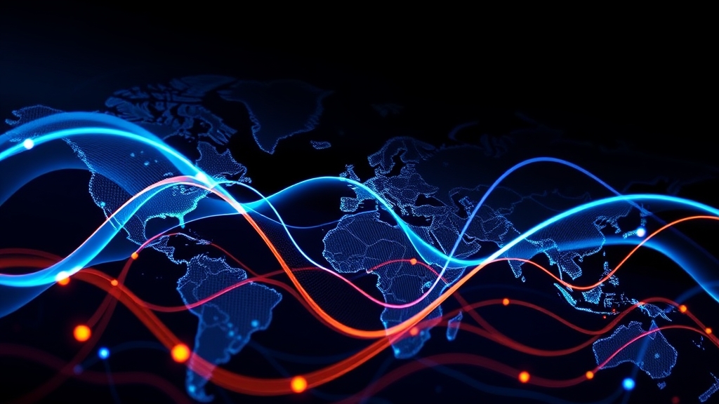 Grafico astratto del traffico Internet globale durante i Mondiali 2026 con picchi colorati