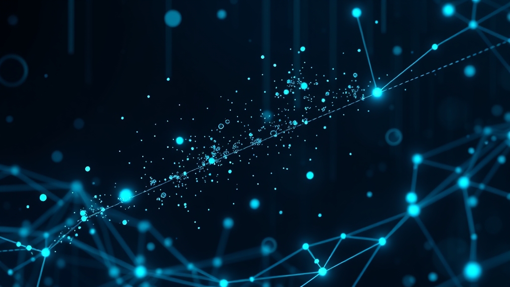 Composizione astratta di frammenti digitali e dati interconnessi che fluttuano in uno spazio cibernetico scuro.