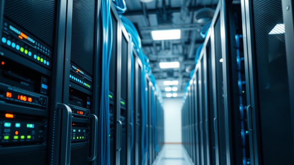Rack di server con cavi colorati e luci soffuse, atmosfera tecnologica, colori blu e grigio, vista laterale