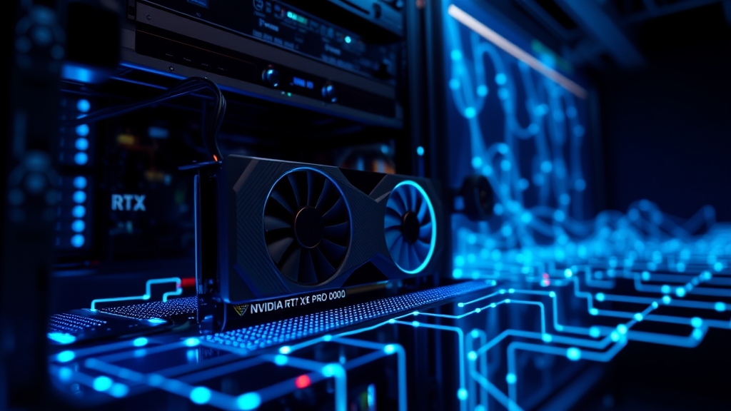 NVIDIA RTX PRO 6000 GPU in a server rack with blue glowing lights and abstract digital network background
