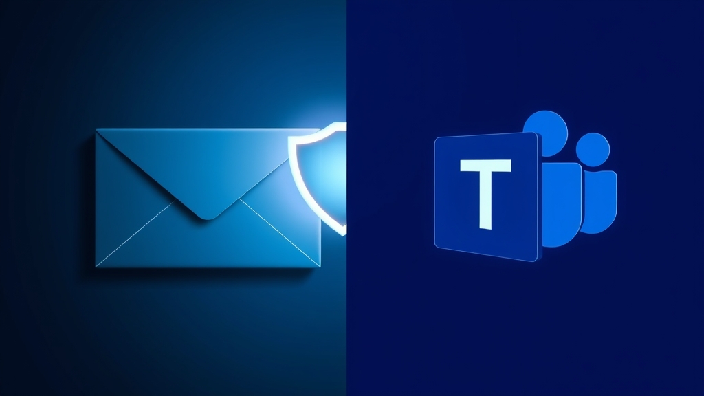 Schermo diviso: da un lato un'icona di email con scudo, dall'altro logo Microsoft Teams con segnale di attenzione, sfondo blu scuro stile tech magazine