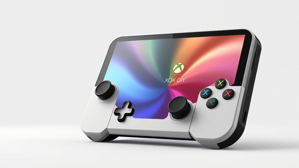Console portatile Xbox Ally OLED con schermo OLED, design futuristico, occhiali Xreal R1 in bundle, sfondo neutro, stile rivista tech, 16:9, nessun testo né loghi, nessuna foto realistica di persone